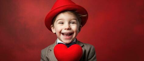 ai gerado feliz pequeno Garoto com vermelho corações em dia dos namorados dia. foto