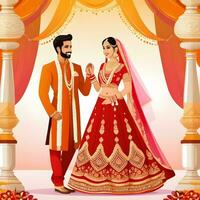 ai gerado indiano noivo vestido dentro branco Sherwani e vermelho chapéu com deslumbrante noiva dentro vermelho Lehenga ficar de pé e aguarde cada mãos caminhando lado de fora foto