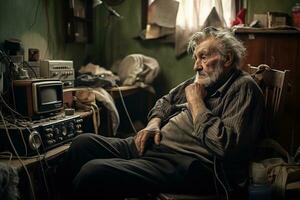 a idosos homem ouvindo para música dentro a velho apartamento, solidão foto