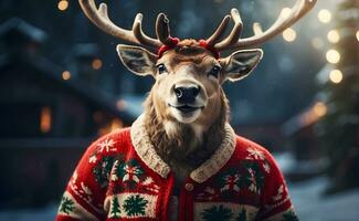 ai gerado uma fofa sorridente rena com Natal suéter. foto