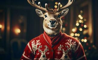 ai gerado uma fofa sorridente rena com Natal suéter. foto