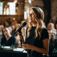 ai gerado lindo jovem mulher cantando com a microfone. artista vocalista cantor, generativo ai ilustração. foto