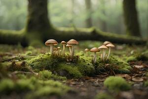 uma musgoso terra com minúsculo cogumelos dentro a fundo. foto