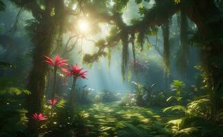 uma misterioso floresta com florescendo exterior espaço flores foto