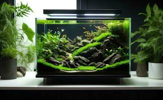 natureza nano aquário com delicado detalhes dentro vivo sala. foto