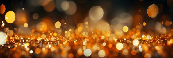 ai gerado panorâmico fundo com colorida bokeh efeito. dourado abstrato luzes em Sombrio feriado iluminação e decoração conceito foto