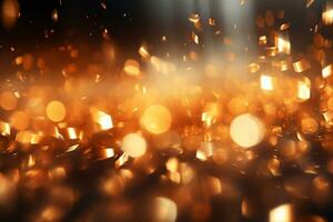 ai gerado panorâmico fundo com colorida bokeh efeito. dourado abstrato luzes em Sombrio feriado iluminação e decoração conceito foto