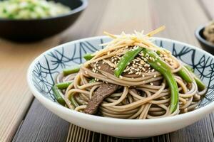 ai gerado soba Macarrão com carne bovina, sésamo e verde cebola. pró foto