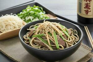 ai gerado soba Macarrão com carne bovina, sésamo e verde cebola. pró foto