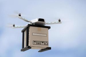 indústria de dispositivos de engenharia de tecnologia de drone voando em logística industrial exportação importação produto serviço de entrega em casa logística transporte transporte transporte ou peças de automóveis de automóveis renderização em 3D foto