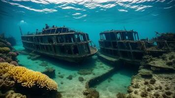 naufrágio mergulho motoristas através túnel debaixo a oceano com velho afundado navio destroços submarino vida maravilhas documentário. ai gerado foto