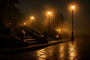 uma assustador mansão às noite. assustador Escadaria com névoa e uma brilhando espectral aparição. ai gerado foto