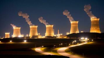 nuclear poder plantar às noite com chaminés e resfriamento torres. ai gerado foto