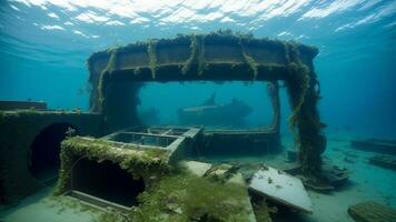 naufrágio mergulho motoristas através túnel debaixo a oceano com velho afundado navio destroços submarino vida maravilhas documentário. ai gerado foto