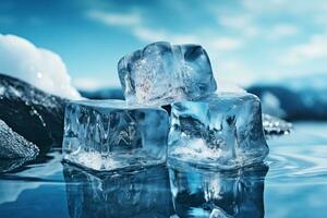 três gelo cubos flutuando em topo do uma corpo do água, generativo ai foto