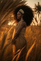 ai gerado lindo africano americano mulher dentro uma trigo campo às pôr do sol foto