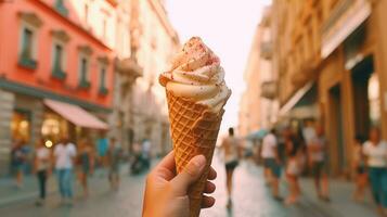 ai, ai gerado, mão segurando uma cremoso gelo creme cone borrifado com coberturas em uma cidade rua, incorporando a alegria do verão guloseimas foto