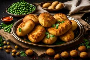 cozido pão com ervilhas e batatas em uma placa. gerado por IA foto