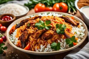 frango Biryani com arroz e legumes. gerado por IA foto