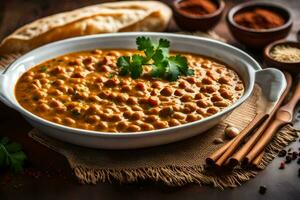 grão de bico Curry dentro uma tigela com pão e especiarias. gerado por IA foto