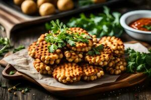 uma prato do frito Comida com salsinha e molho. gerado por IA foto