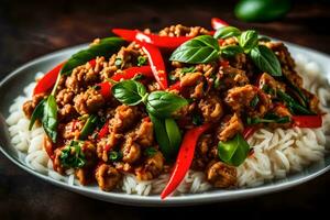 frango Curry com arroz e legumes. gerado por IA foto