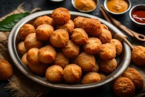 uma tigela preenchidas com frito rosquinhas em uma mesa. gerado por IA foto