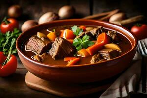 uma tigela do carne ensopado com legumes e cenouras. gerado por IA foto