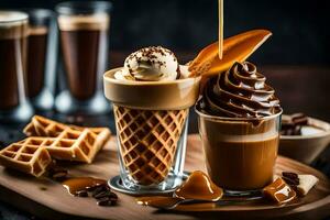 chocolate gelo creme e waffle cones com chocolate xarope. gerado por IA foto