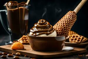 chocolate gelo creme com caramelo e waffle em uma de madeira mesa. gerado por IA foto