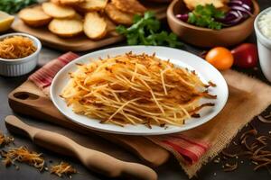 uma prato do frito batatas com de outros ingredientes. gerado por IA foto