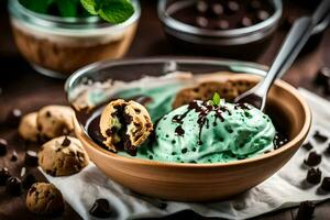 hortelã chocolate lasca gelo creme dentro uma tigela com biscoitos e hortelã folhas. gerado por IA foto