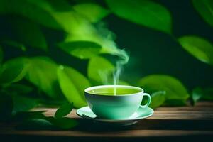 uma copo do verde chá em uma de madeira mesa. gerado por IA foto