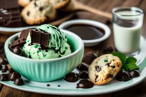 chocolate lasca biscoitos e hortelã gelo creme. gerado por IA foto