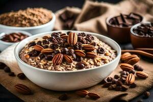 chocolate noz-pecã aveia dentro uma tigela com nozes e chocolate salgadinhos. gerado por IA foto