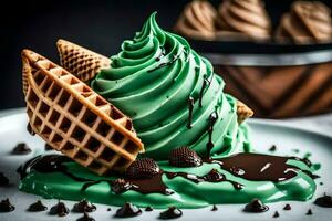 uma verde gelo creme com chocolate e waffles. gerado por IA foto