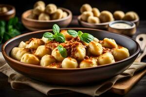 dumplings com carne molho dentro uma tigela. gerado por IA foto