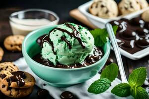 chocolate gelo creme com hortelã e biscoitos. gerado por IA foto