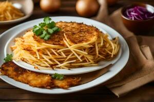 uma prato do frito batatas com cebolas e salsinha. gerado por IA foto