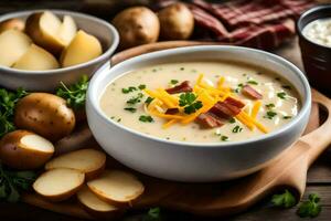 uma tigela do sopa com batatas e queijo. gerado por IA foto