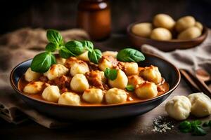 italiano Comida com dumplings e almôndegas dentro tomate molho. gerado por IA foto