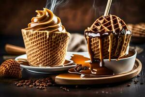 a waffle cone com caramelo e chocolate. gerado por IA foto