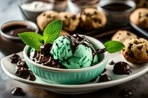 chocolate gelo creme com hortelã folhas e biscoitos. gerado por IA foto