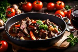 uma tigela do carne ensopado com legumes e vinho. gerado por IA foto