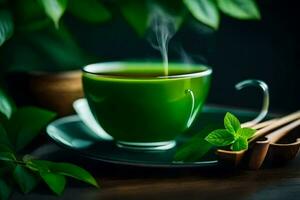 uma copo do verde chá com uma colher e folhas. gerado por IA foto