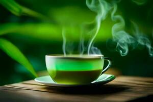 uma copo do verde chá é vapor em uma de madeira mesa. gerado por IA foto