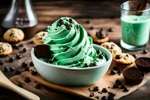 uma tigela do verde gelo creme com chocolate salgadinhos. gerado por IA foto