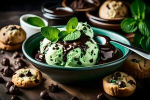 chocolate lasca biscoitos e hortelã gelo creme dentro uma tigela. gerado por IA foto