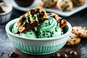 uma tigela do gelo creme com chocolate salgadinhos e hortelã. gerado por IA foto