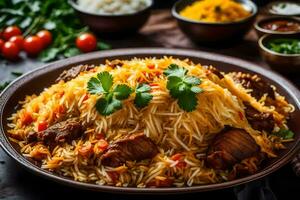 indiano Biryani com carne e legumes. gerado por IA foto